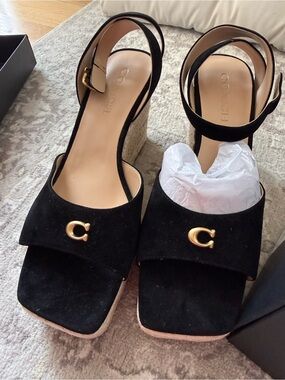 Coach Black Suede Wedge Sandals with Gold 'C' Accent